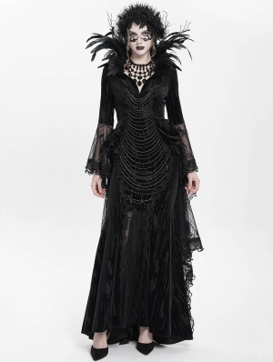Black Gothic Dark Queen Feather Chain Flared Sleeve Velvet Fishtail Gown Dress