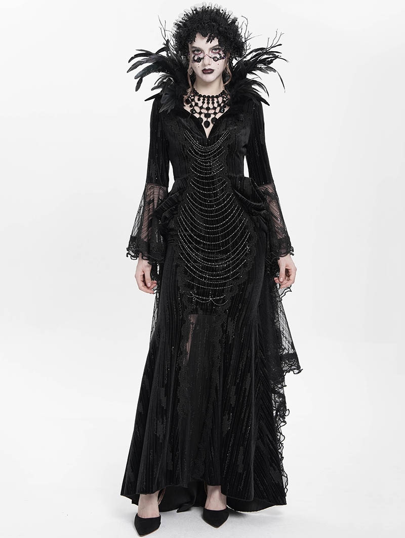 Black Gothic Dark Queen Feather Chain Flared Sleeve Velvet Fishtail Gown Dress