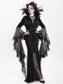 Black Gothic Dark Queen Feather Chain Flared Sleeve Velvet Fishtail Gown Dress