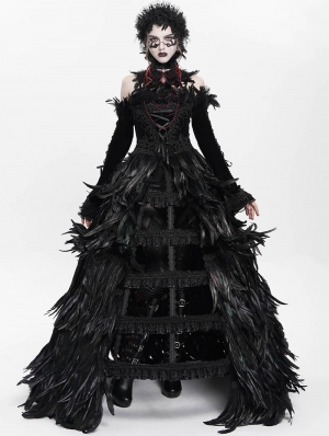 Black Gothic Feather Gown Dress with Detachable Collar and Sleeves