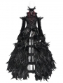 Black Gothic Feather Gown Dress with Detachable Collar and Sleeves
