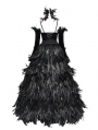 Black Gothic Feather Gown Dress with Detachable Collar and Sleeves