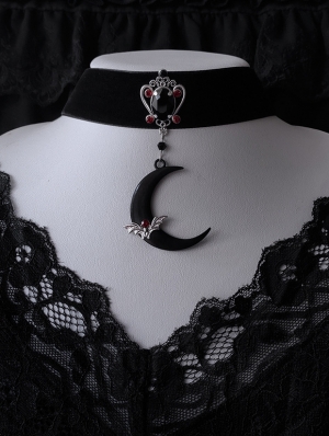 Black Gothic Bat Hollow Crescent Pendant Velvet Choker