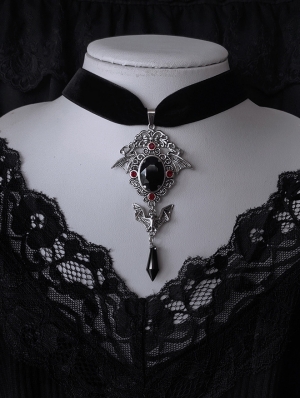 Black Velvet Vintage Gothic Bat Crystal Pendant Choker
