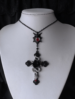 Black Gothic Dark Rose Snake Moon Cross Pendant Necklace