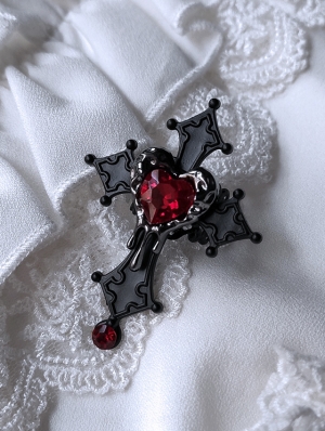 Black Gothic Red Heart Crystal Cross Ring