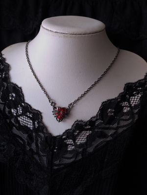 Dark Gothic Skeleton Claw Red Heart Crystal Pendant Necklace