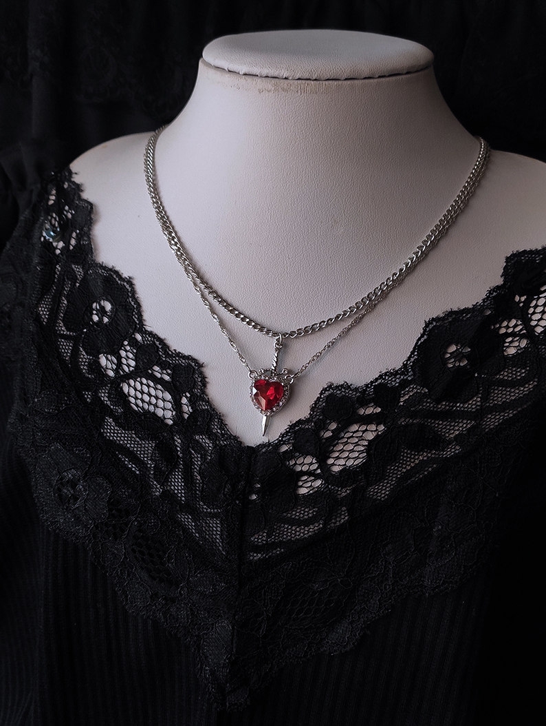 Silver Sword Double Layered Heart Crystal Pendant Necklace