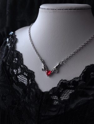 Silver Hands Gothic Red Heart Pendant Necklace