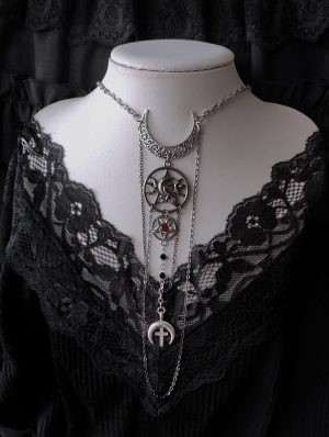 Silver Gothic Crow Pentagram Crescent Cross Pendant Necklace