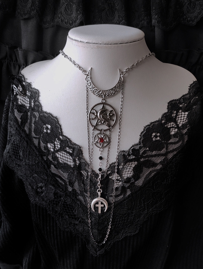 Silver Gothic Crow Pentagram Crescent Cross Pendant Necklace