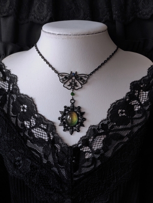 Black Gothic Night Moth Fantasy Crystal Pendant Necklace