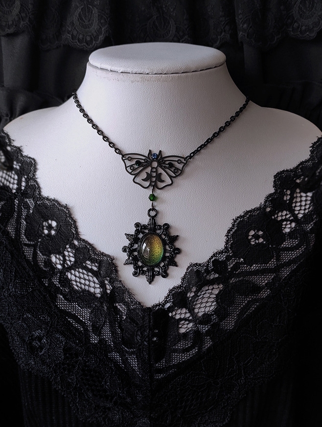 Black Gothic Night Moth Fantasy Crystal Pendant Necklace