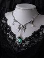 Silver Retro Gothic Skull Green Crystal Pendant Necklace