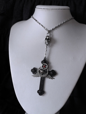 Black Gothic Crow Pentagram Skull Wings Cross Pendant Necklace