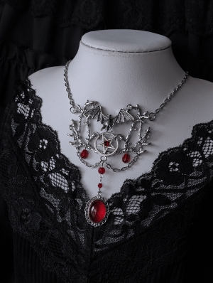 Silver Gothic Bat Pentagram Red Crystal Pendant Necklace