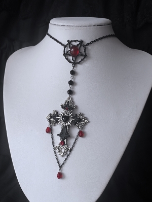 Silver Metal Flaming Sacred Heart Cross Pendant Necklace