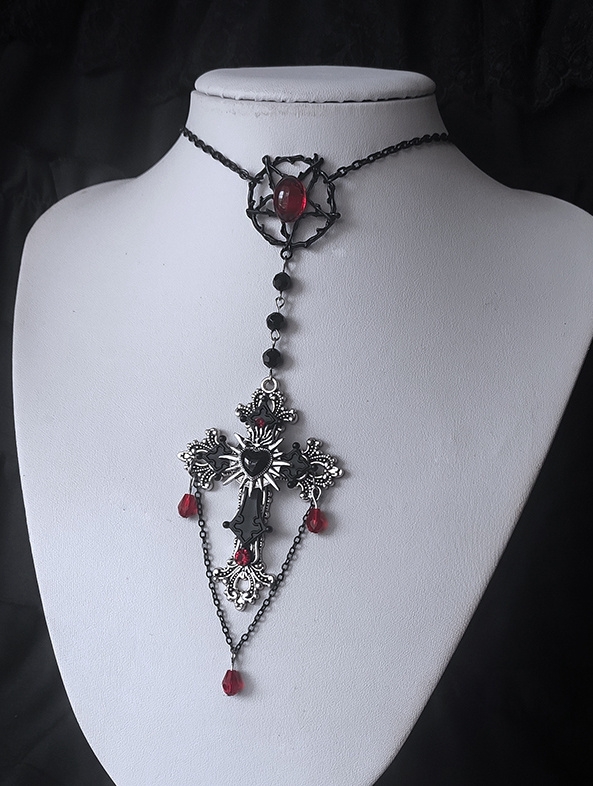 Silver Metal Flaming Sacred Heart Cross Pendant Necklace
