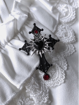 Black and Silver Retro Flaming Heart Cross Ring
