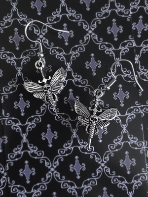Silver Punk Gothic Skull Moth Drop Earrings