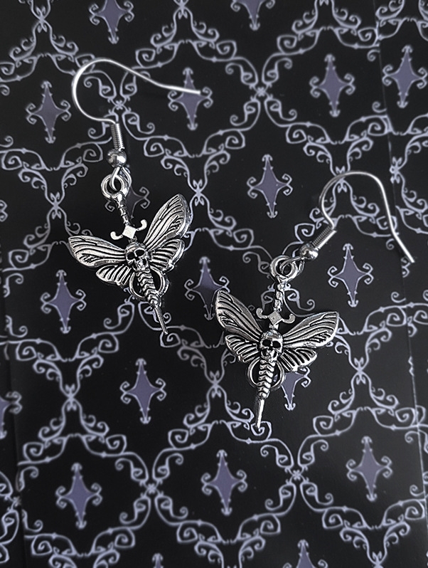 Silver Punk Gothic Skull Moth Drop Earrings