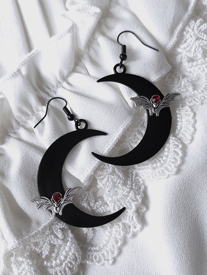 Black Gothic Vampire Bat Crescent Drop Earrings