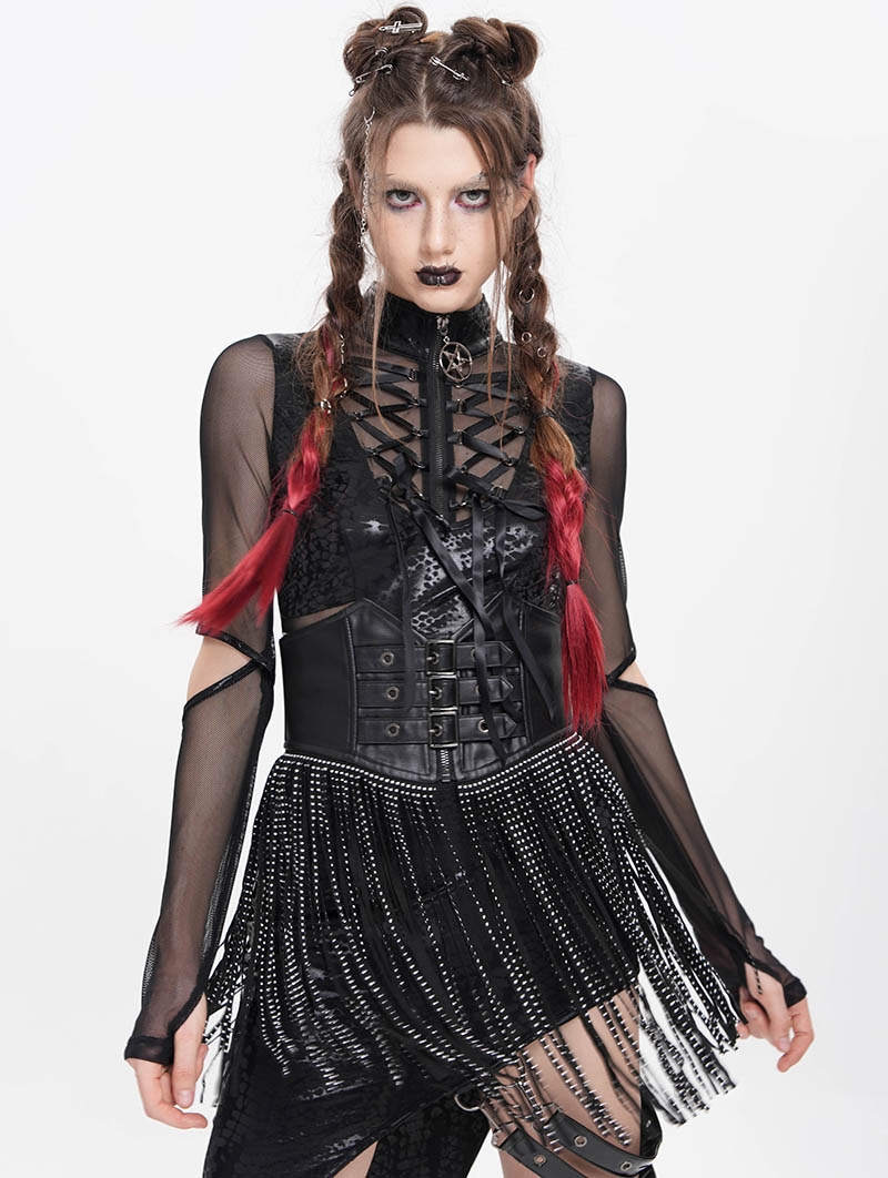 Black Gothic Punk Studded Tassel Underbust Girdle