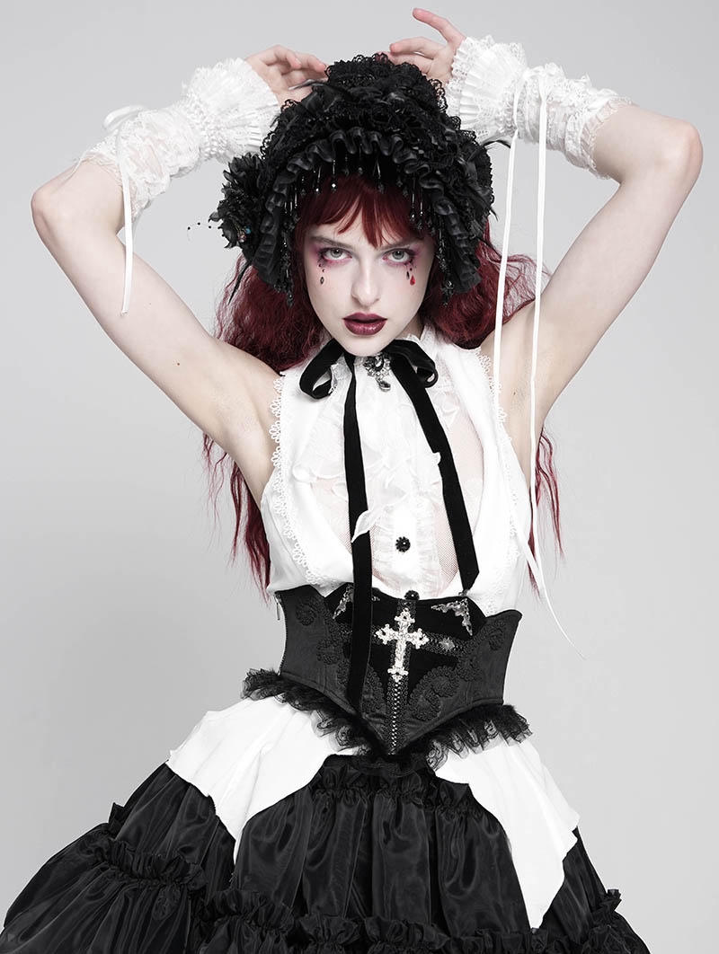 Black Gothic Cross Embroidery Ruffle Underbust Girdle