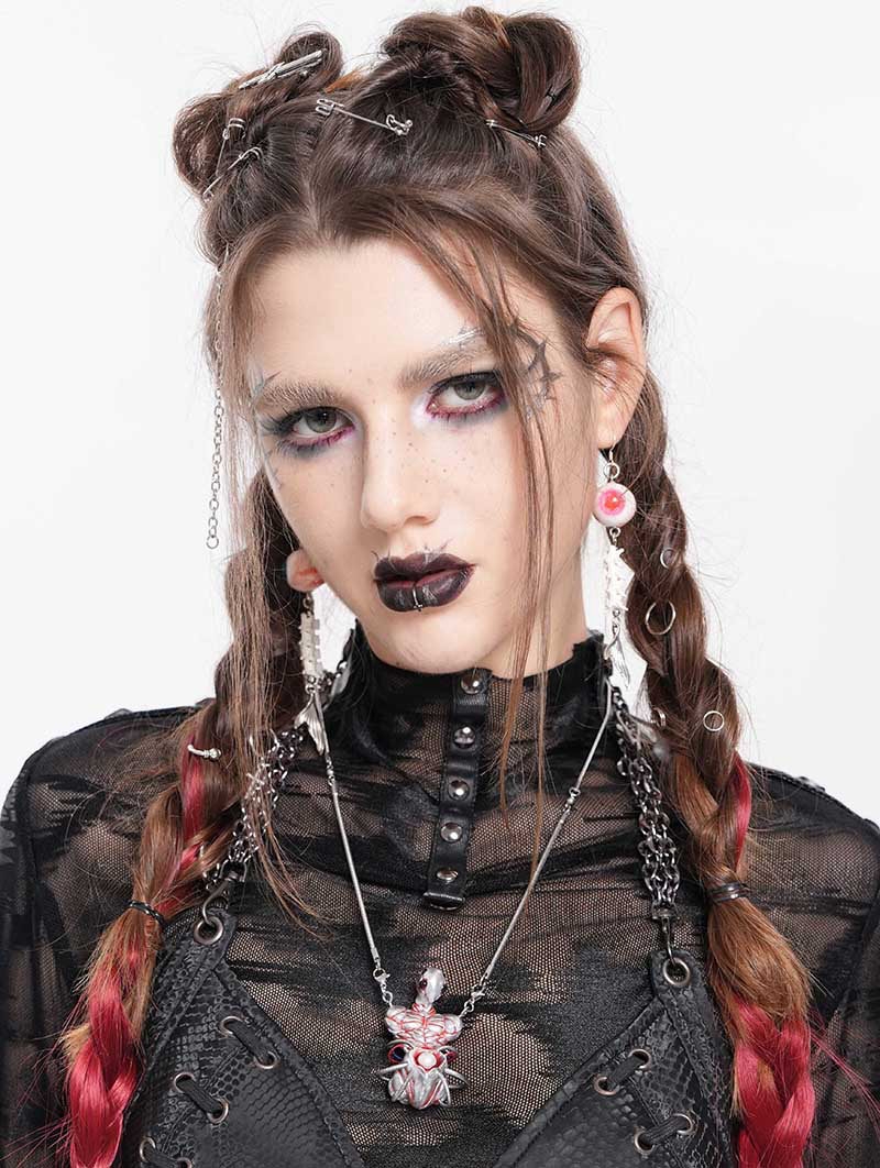 Silver and Red Gothic Skeleton Pearl Pendant Necklace