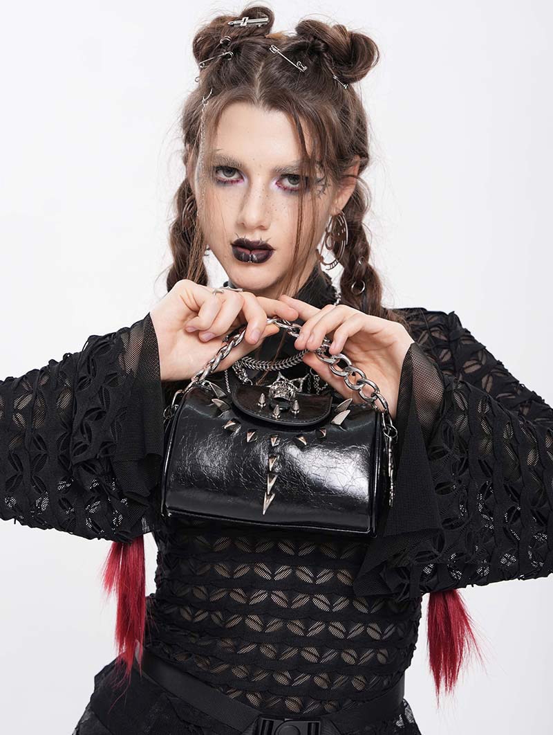 Black Gothic Metallic Skull Spliked Faux Leather Bag