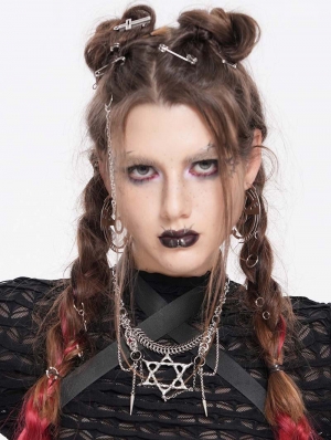 Silver Punk Pentagram Pendant Layered Chain Necklace