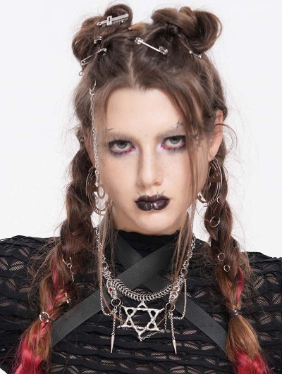 Silver Punk Pentagram Pendant Layered Chain Necklace