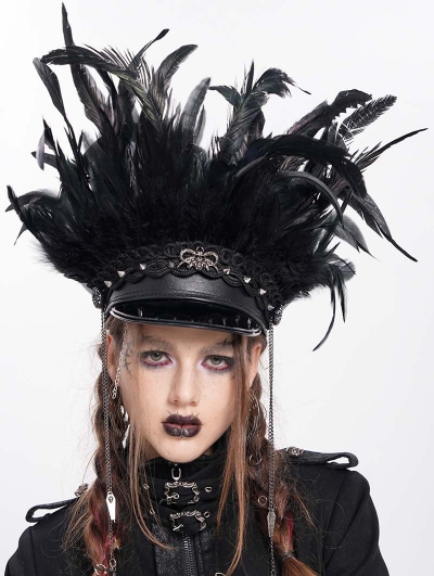 Black Gothic Punk Feather Trim Faux Leather Hat