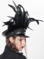 Black Gothic Punk Feather Trim Faux Leather Hat