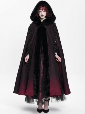 Black and Red Gothic Hooded Embroidered Fur Long Cloak for Women