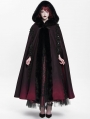 Black and Red Gothic Hooded Embroidered Fur Long Cloak for Women