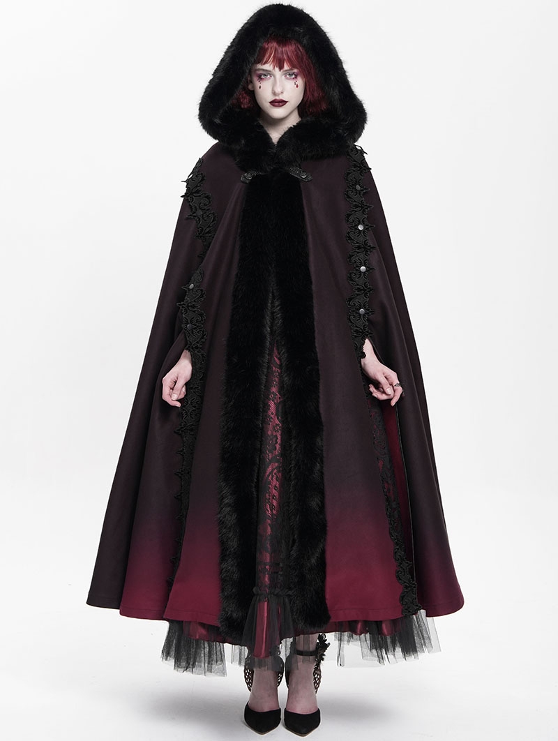 Black and Red Gothic Hooded Embroidered Fur Long Cloak for Women