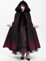 Black and Red Gothic Hooded Embroidered Fur Long Cloak for Women