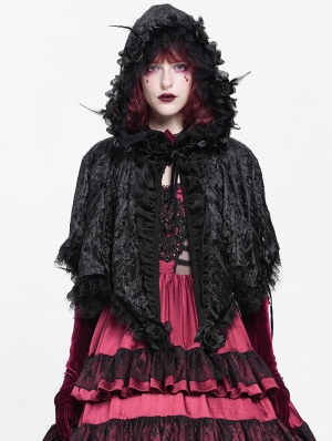 Black Gothic Floral Hooded Irregular Short Cloak for Women