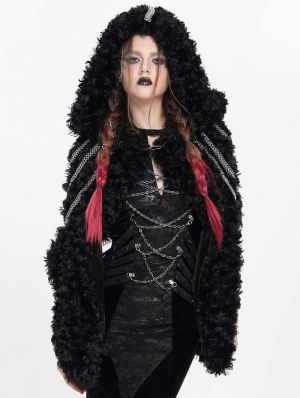 Black Gothic Punk Chain Faux Fur Short Hooded Cloak for Women