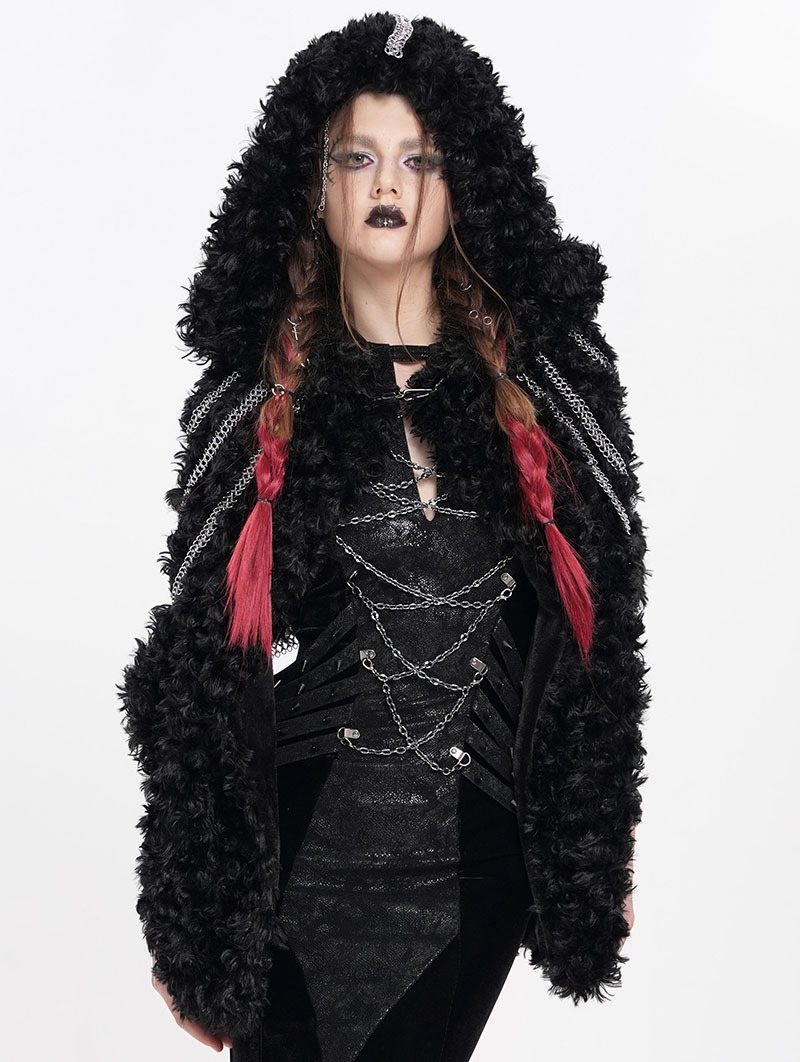 Black Gothic Punk Chain Faux Fur Short Hooded Cloak for Women