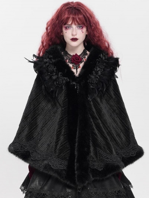 Black Gothic Rose Feather Loose Faux Fur ../upload/20250715/CApe for Women