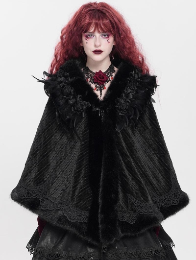 Black Gothic Rose Feather Loose Faux Fur ../upload/20250715/CApe for Women