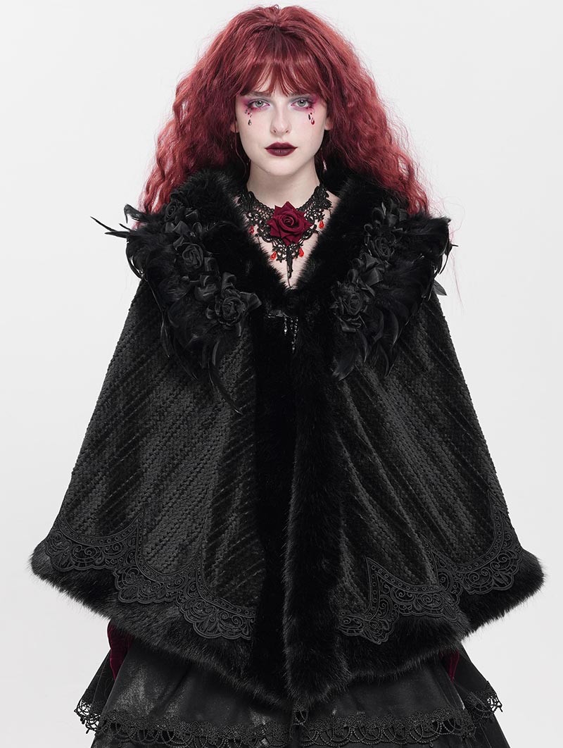 Black Gothic Rose Feather Loose Faux Fur ../upload/20250715/CApe for Women