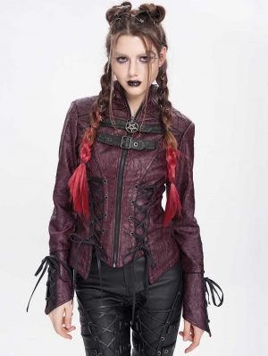 Red Gothic Punk Irregular Lace-Up Short Jacket for Women