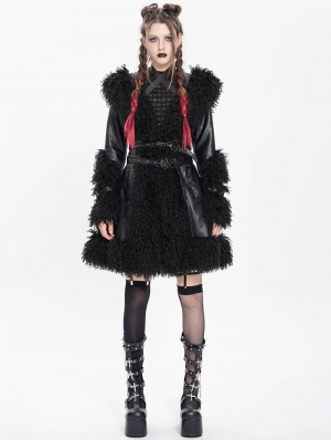 Black Gothic Punk Faux Leather Fur Trim Hooded Jacket for Women