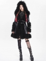 Black Gothic Punk Faux Leather Fur Trim Hooded Jacket for Women