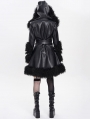 Black Gothic Punk Faux Leather Fur Trim Hooded Jacket for Women