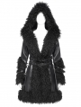 Black Gothic Punk Faux Leather Fur Trim Hooded Jacket for Women