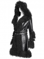 Black Gothic Punk Faux Leather Fur Trim Hooded Jacket for Women